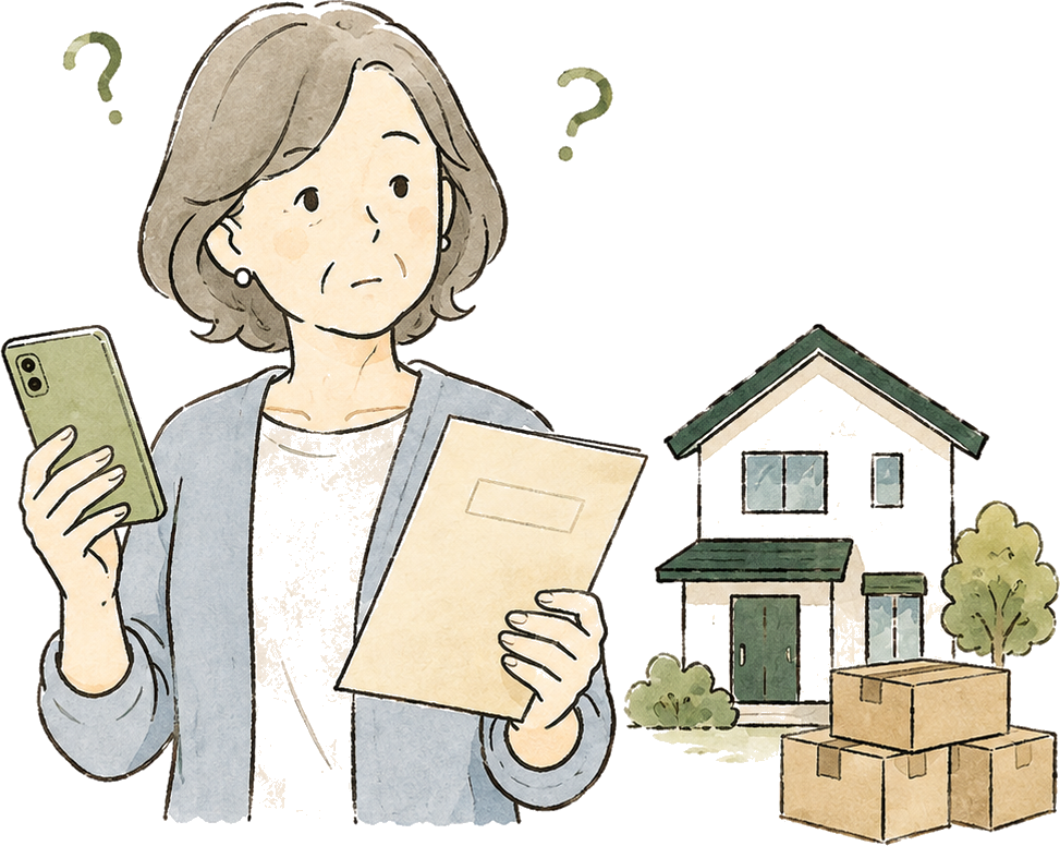スマートフォンと実家の書類を手に、相続した家について考える女性のイラスト