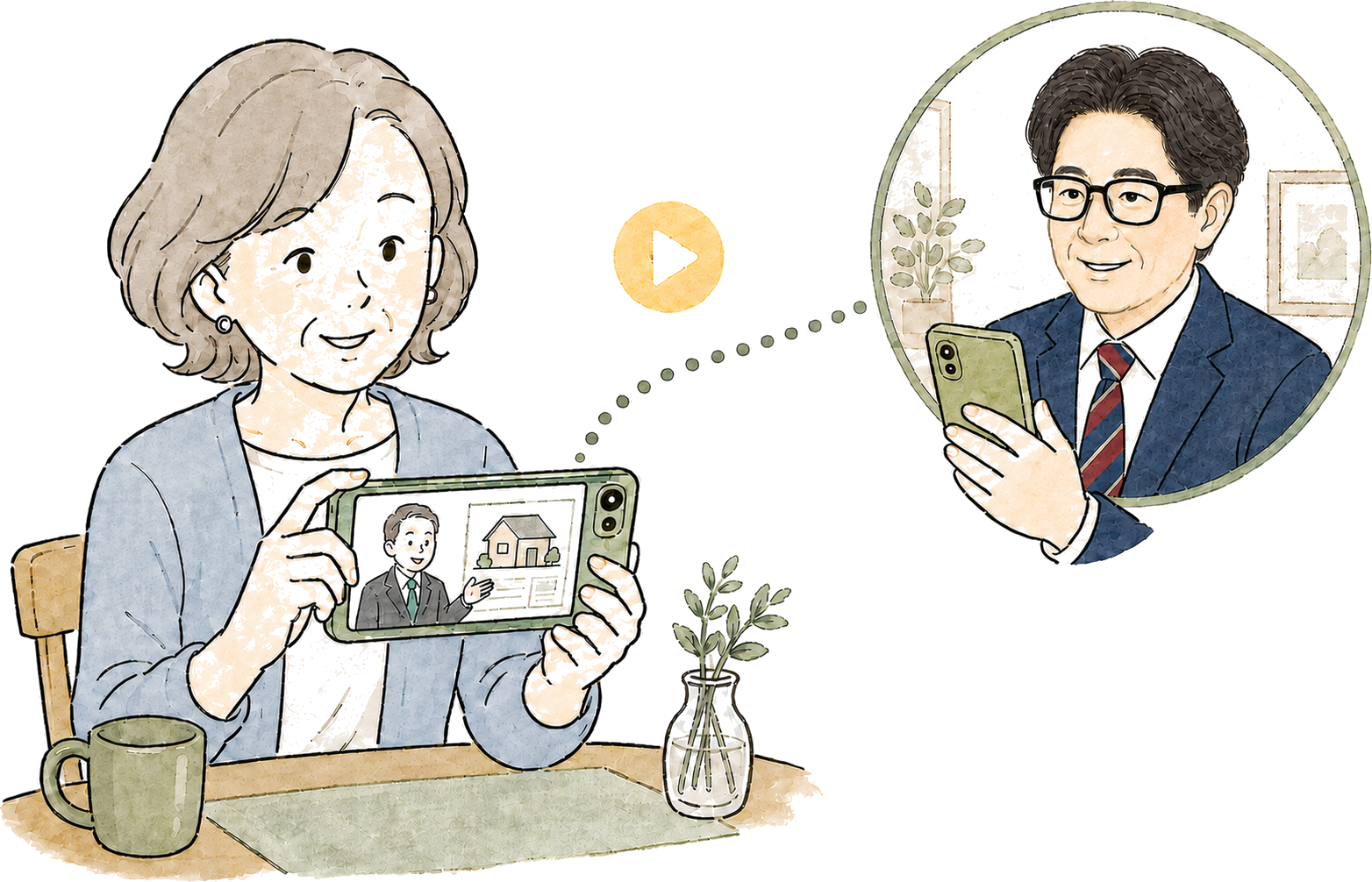 離れて暮らす家族がスマートフォンで不動産売却の説明動画を共有するイラスト